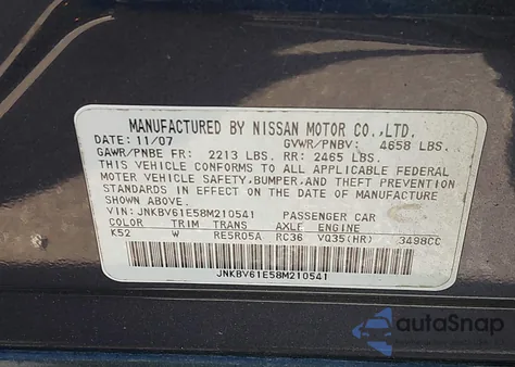 2008 Infiniti G35 Journey from USA, damaged, VIN JNKBV61E58M210541
